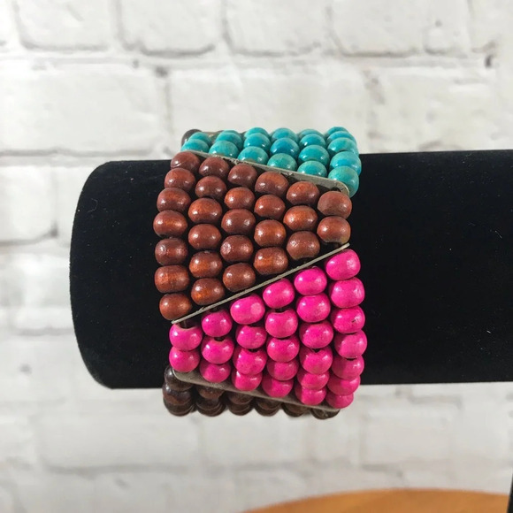 Chuns Fashion Jewelry - Pink, Aqua, and Brown Wood Bead Fashion Stretch Bracelet - New with Tag